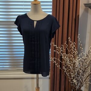 Express Navy Pintuck Cap-Sleeve Blouse
